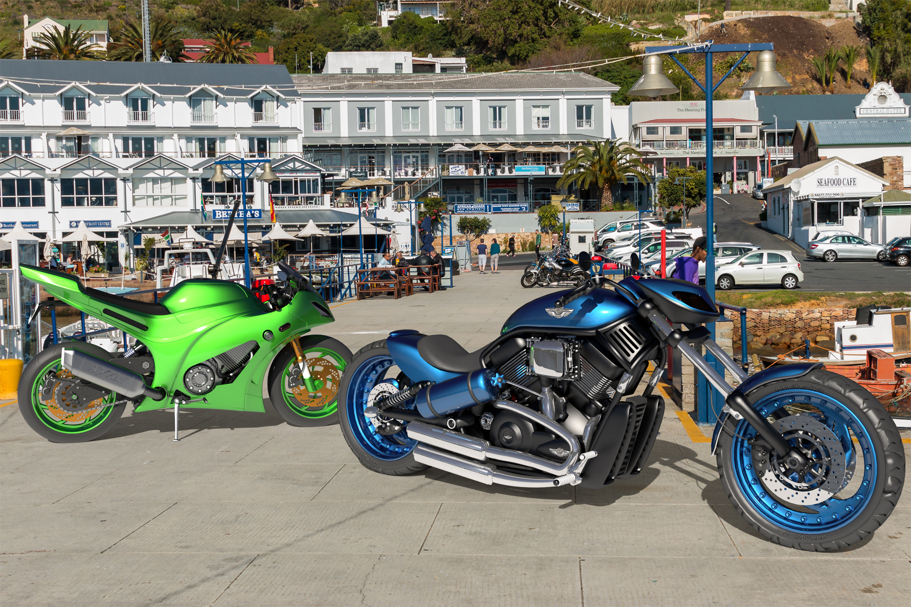 One of the bikes is my favourite Harley and it looks great in this blue paint job. The other is the result of a tutorial and it is in Kawasaki Green. 